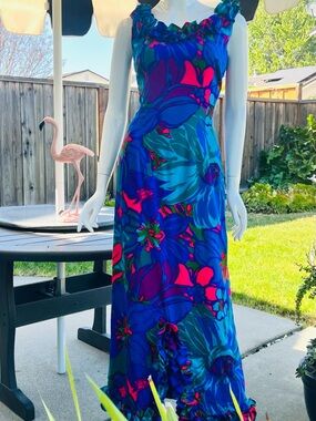 Vintage 60’s Tiki Hawaiian Maxi Dress Sun Fashion